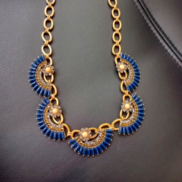 J. Crew Navy Fan Statement Necklace - Pink Gems